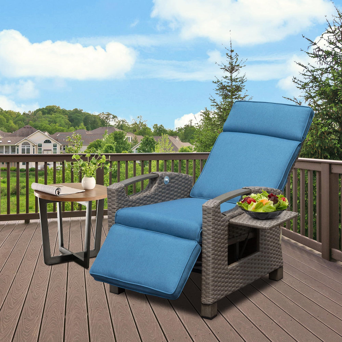 Gray Wicker Patio Recliner Chair with Blue Cushions