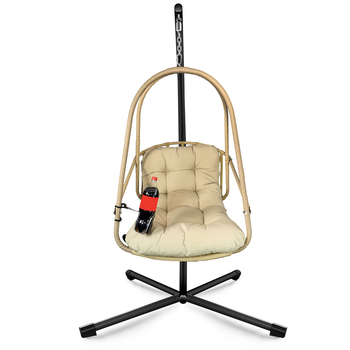Beige Wicker Folding Hanging Egg Chair with Stand, Removable Guardrail