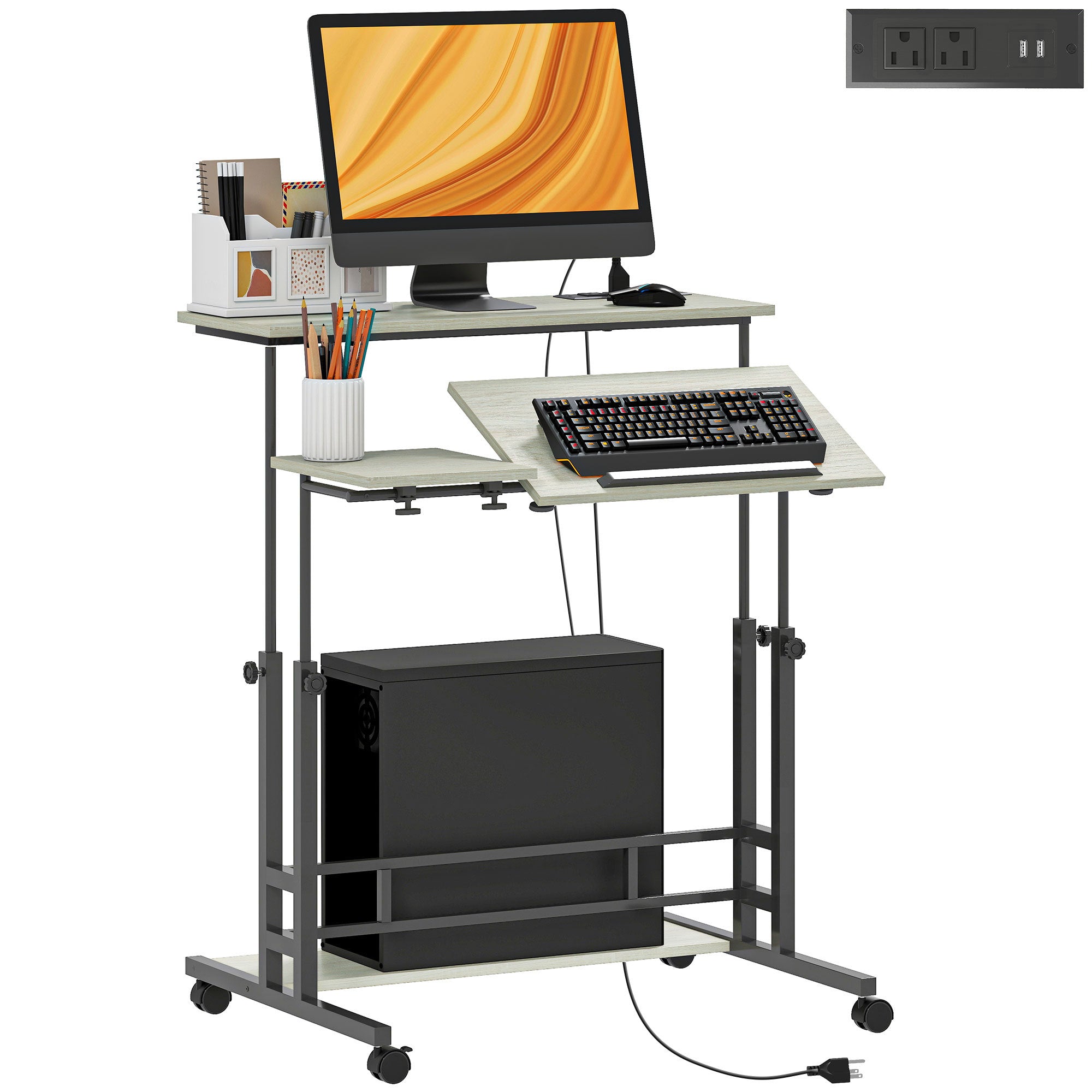Standing Desk, Height Adjustable, Charging Station, 31.5 in, Oak