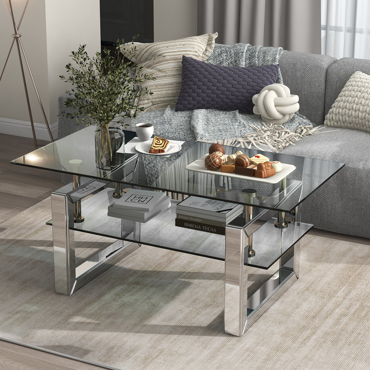 Silver Mirrored Rectangular Glass Coffee Table with Shelf, 39.4 in