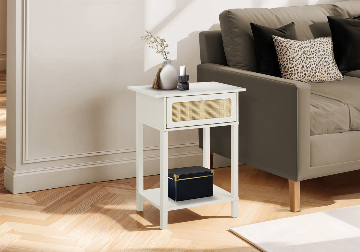 White Two-Tier Side Table with Rattan Flip-Down Door, 18 in