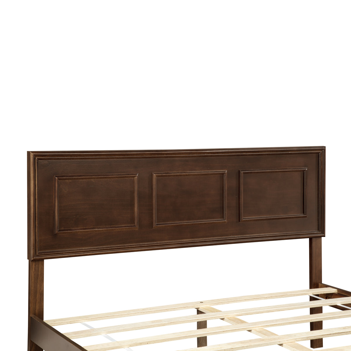 Closeup of rich brown queen headboard showing three recessed rectangular panels
