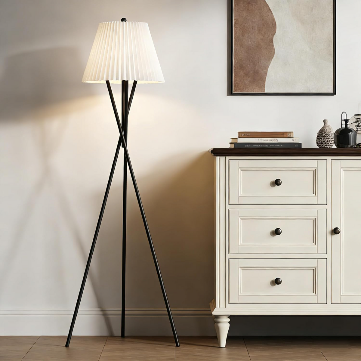 Black Minimalist Floor Lamp, White Folding Lampshade Shade