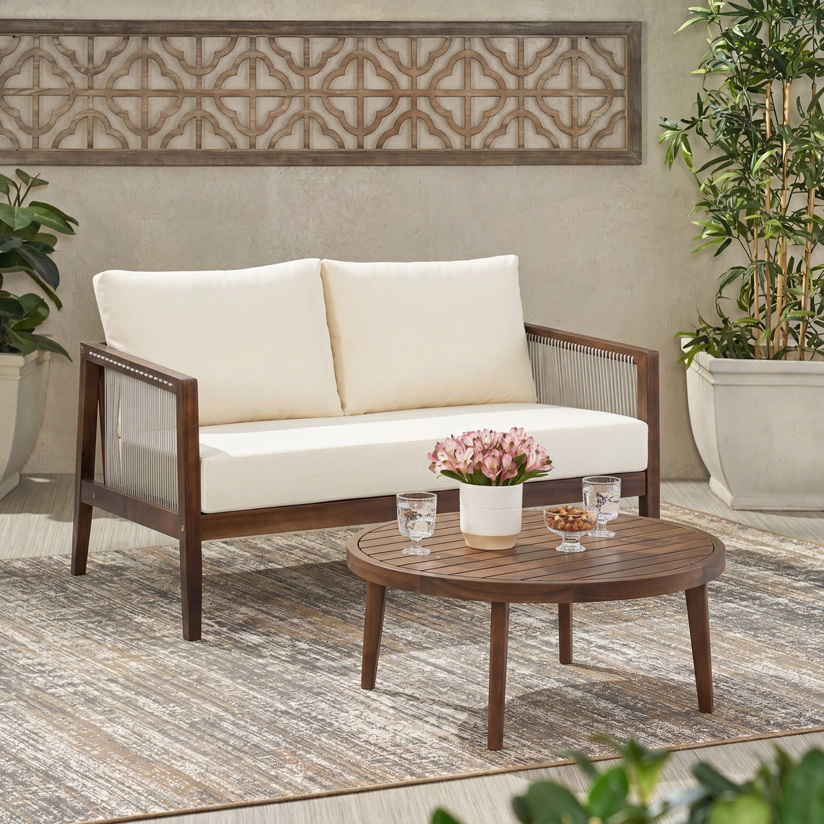 Dark Brown Solid Wood Outdoor Sofa Set