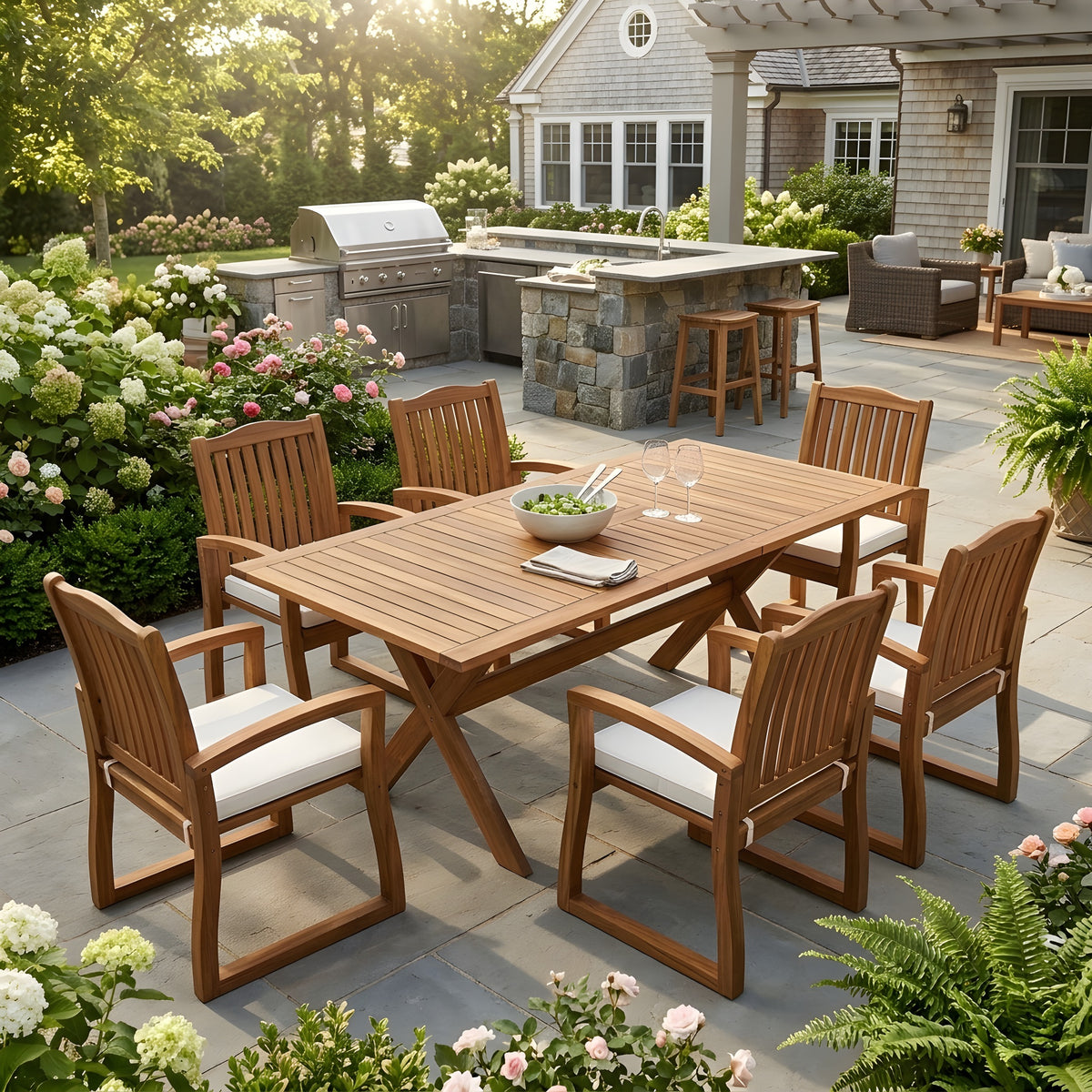 Teak Finish Solid Wood 7-Piece Patio Dining Set for 6 with Cream Cushions