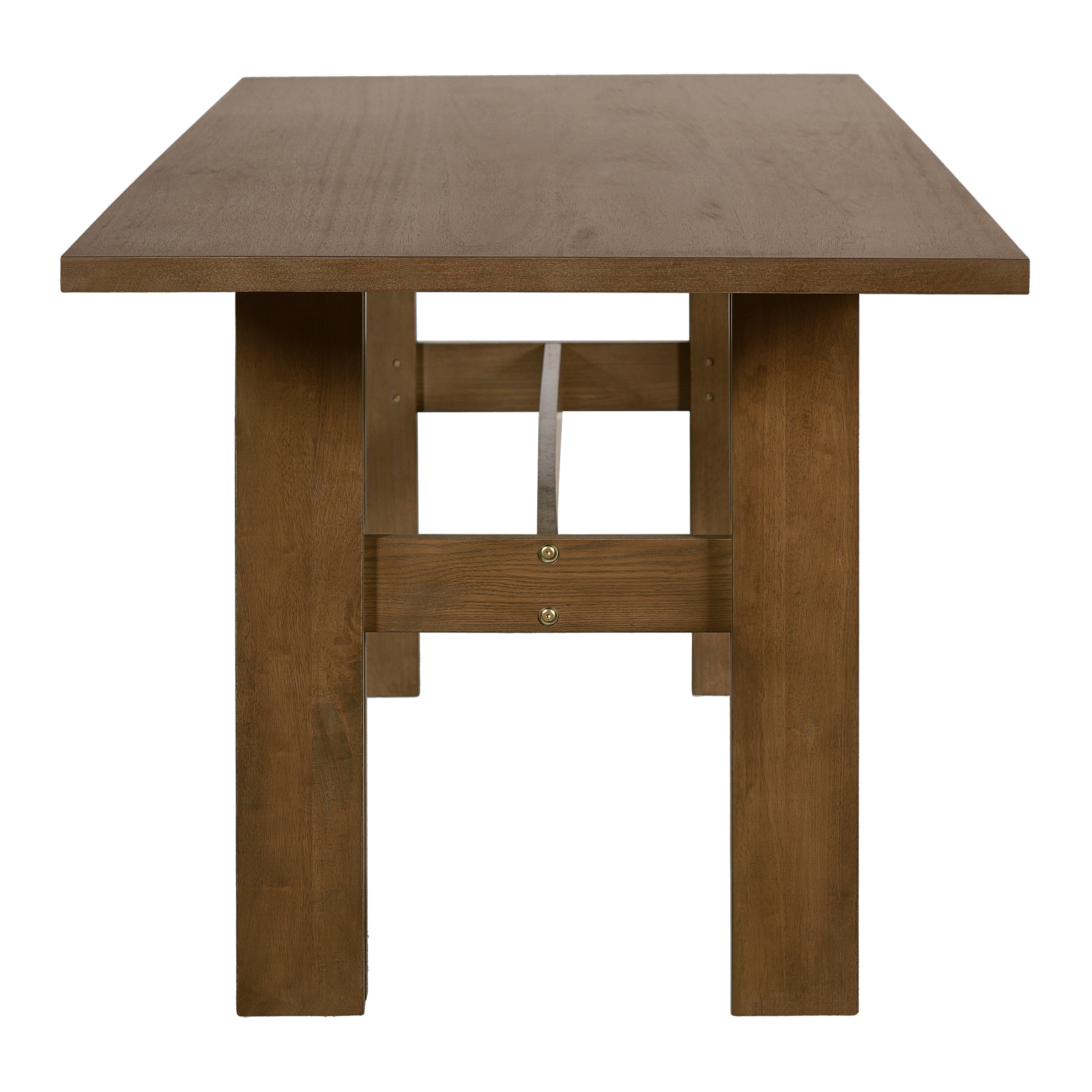 End view of the walnut-tone dining table showing the H-frame leg with exposed bolt heads, white background