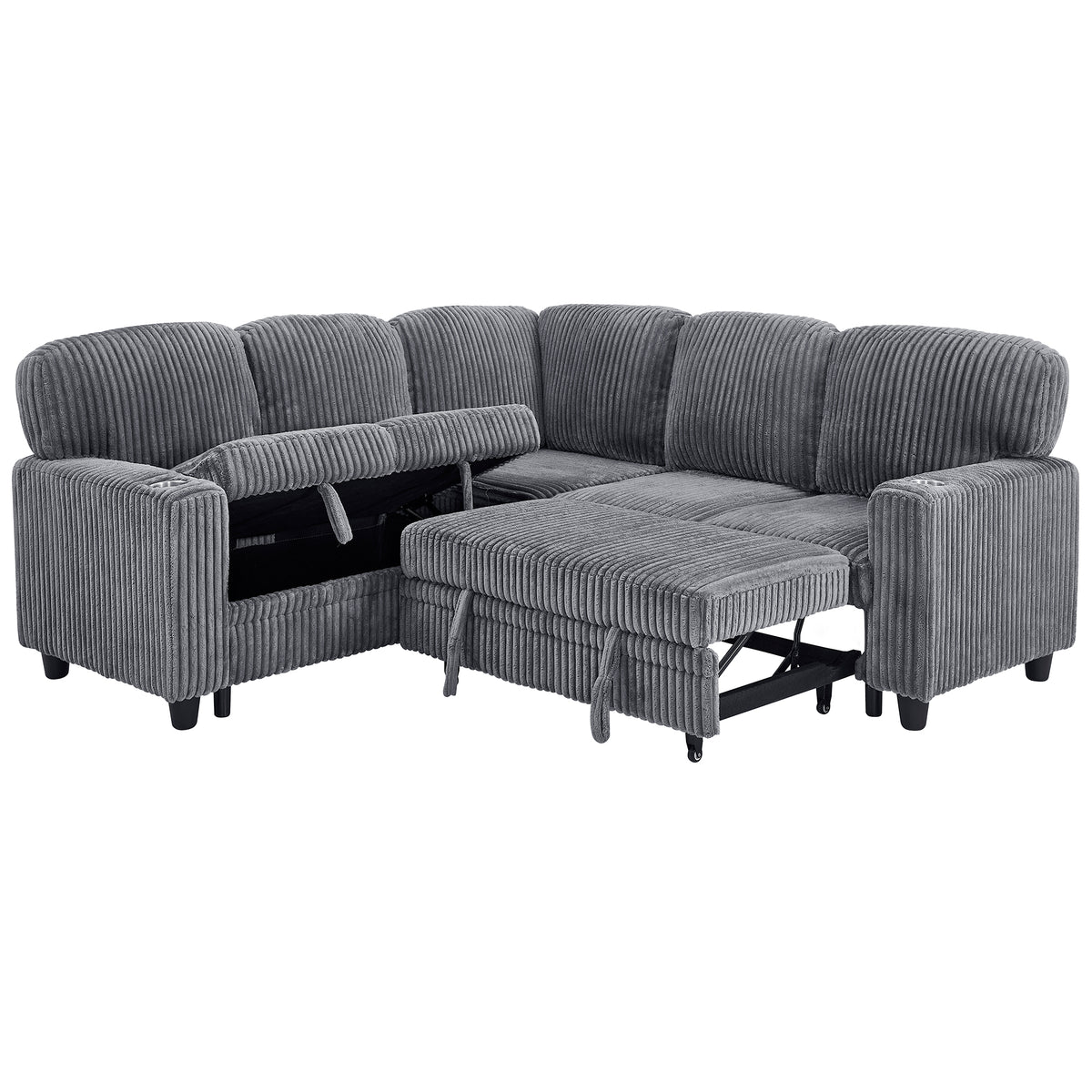 Gray Corduroy L-Shaped Sleeper Sectional, USB Charging, 81 in Wide