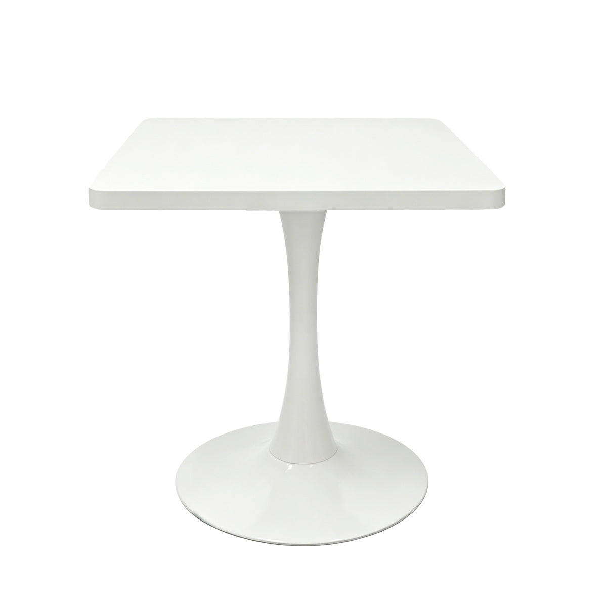 Front three-quarter product photo of the white square tulip bistro table on a plain white studio background
