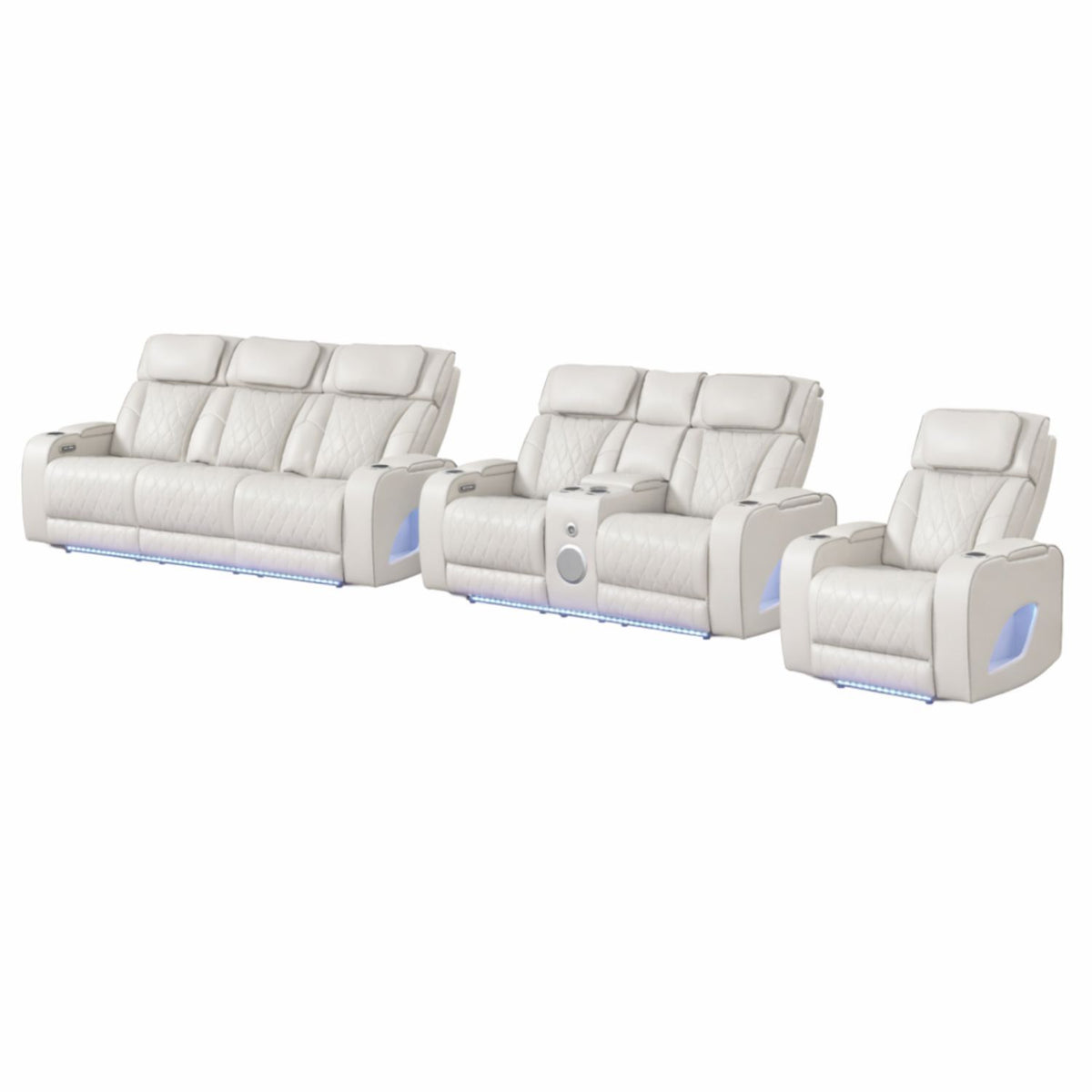 Beige Vegan Leather Power Reclining Sofa and Loveseat Set, Massage