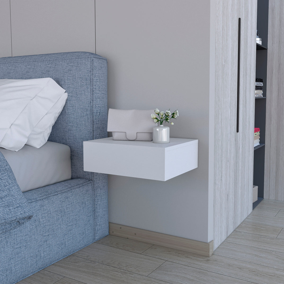 Floating Nightstand with Drawer, Wall Mounted, White
