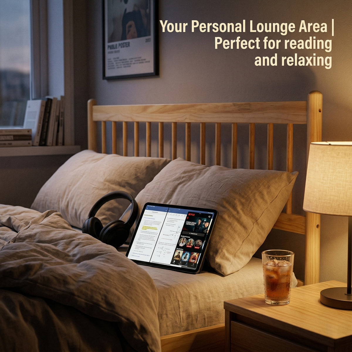 Nighttime bedroom scene with a tablet propped against the natural pine spindle headboard