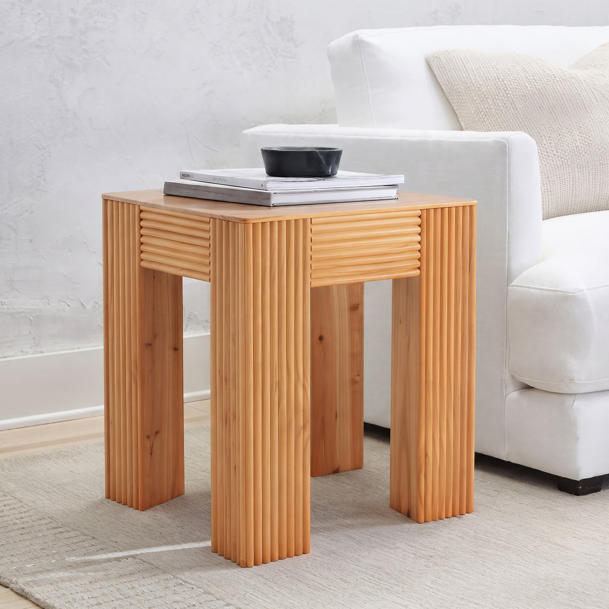 Natural Solid Pine Fluted Square Side Table, 17.7 in