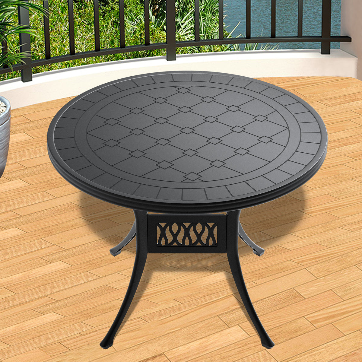 Black Aluminum Round Outdoor Dining Table, 39.4 in Wide