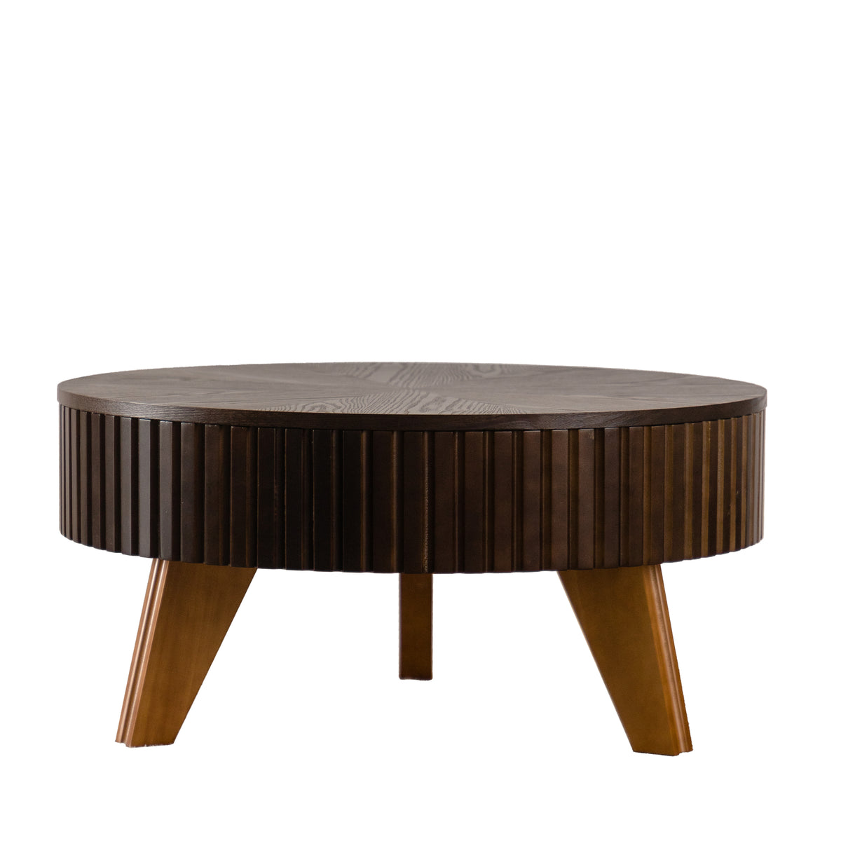 Brown Fluted Round Swivel-Top Coffee Table with Storage, 31.5 in