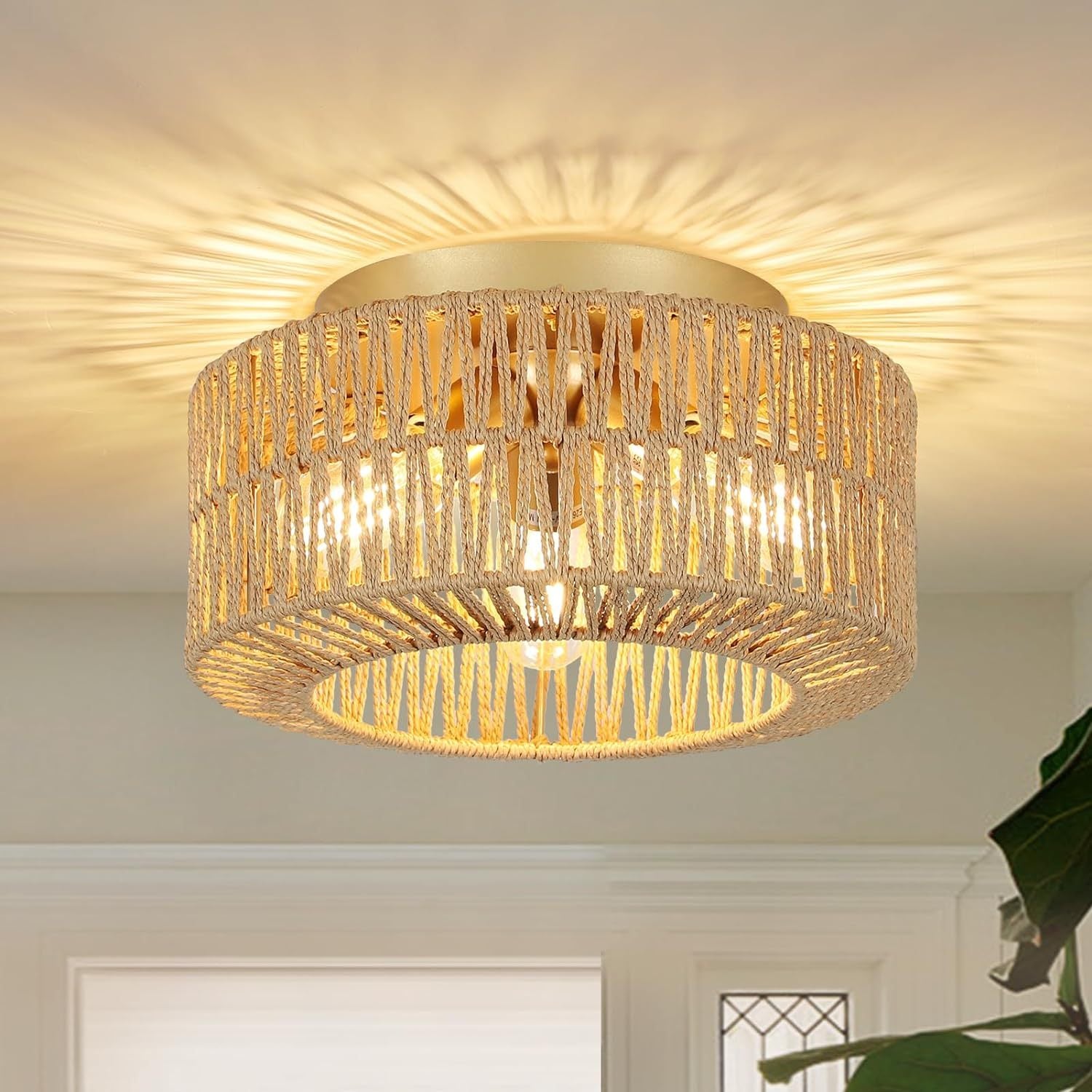 Flush Mount Ceiling Light with Rattan Shade, 3-Light, Brown and Gold