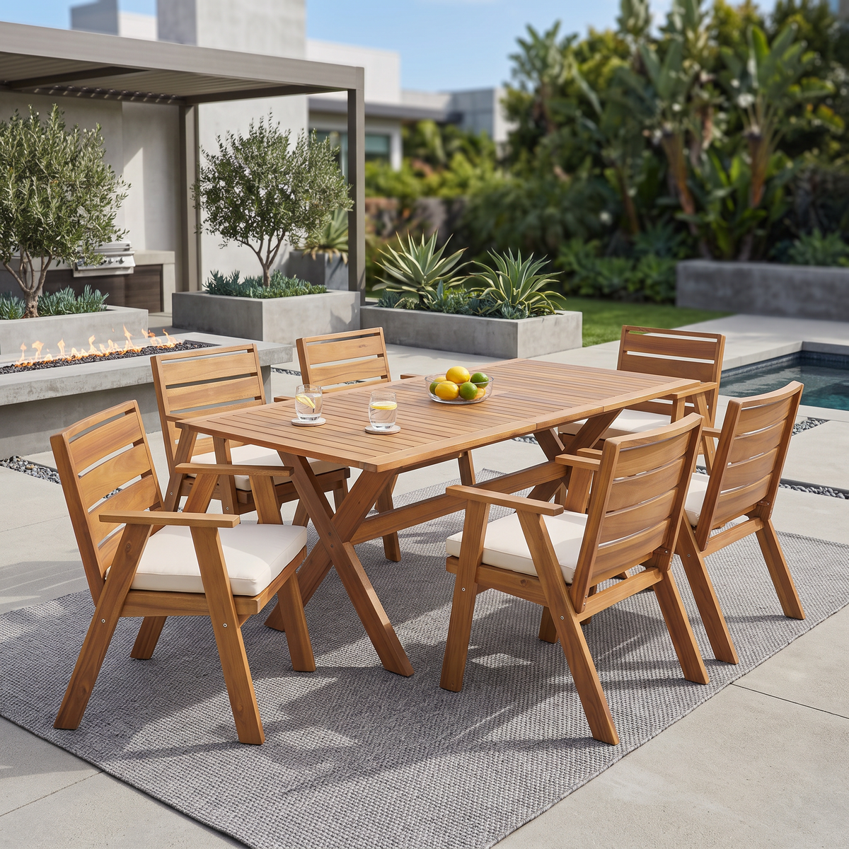 Teak Finish Solid Wood 7-Piece Patio Dining Set for 6 with Beige Cushions