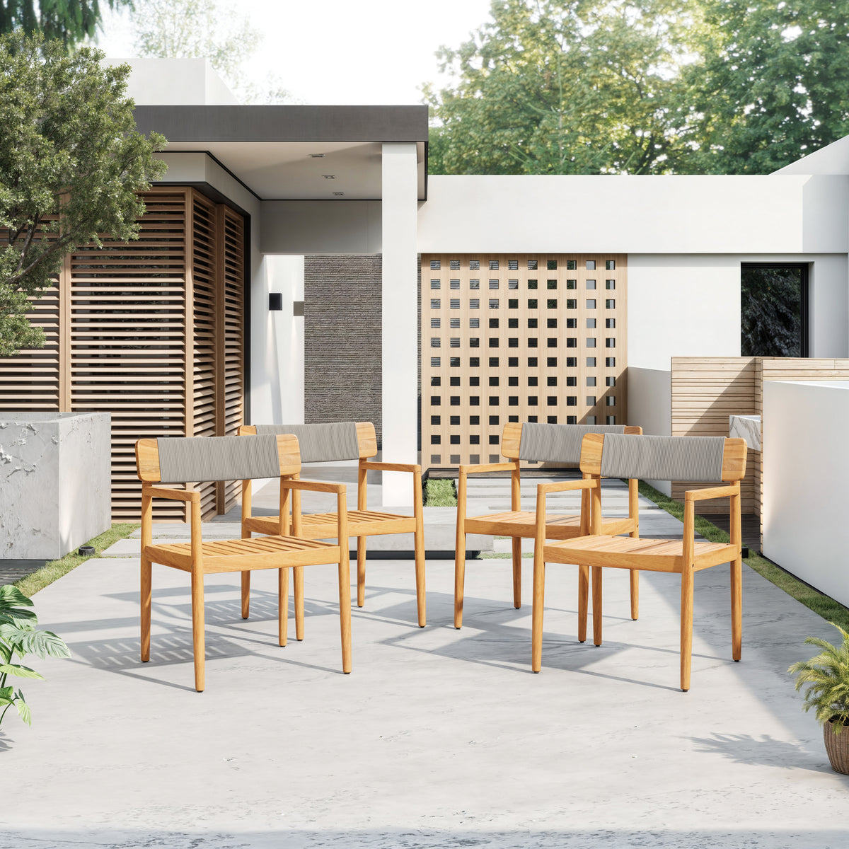 Teak Finish Solid Wood Outdoor Dining Chair, Set of 4