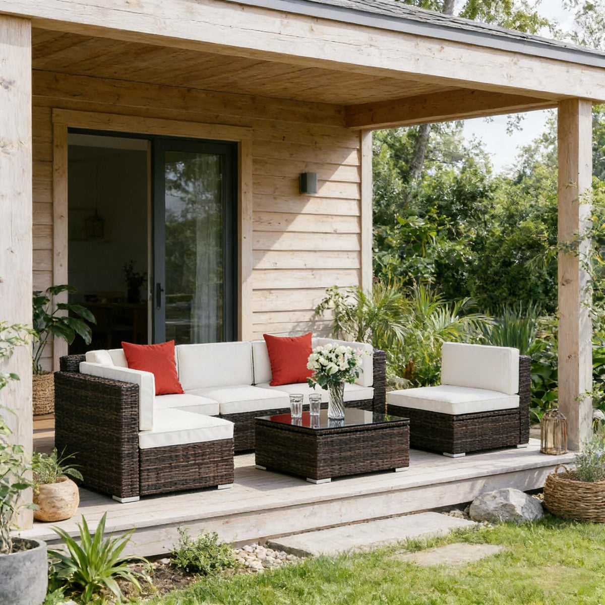 Brown Wicker 6-Piece Patio Conversation Set for 4