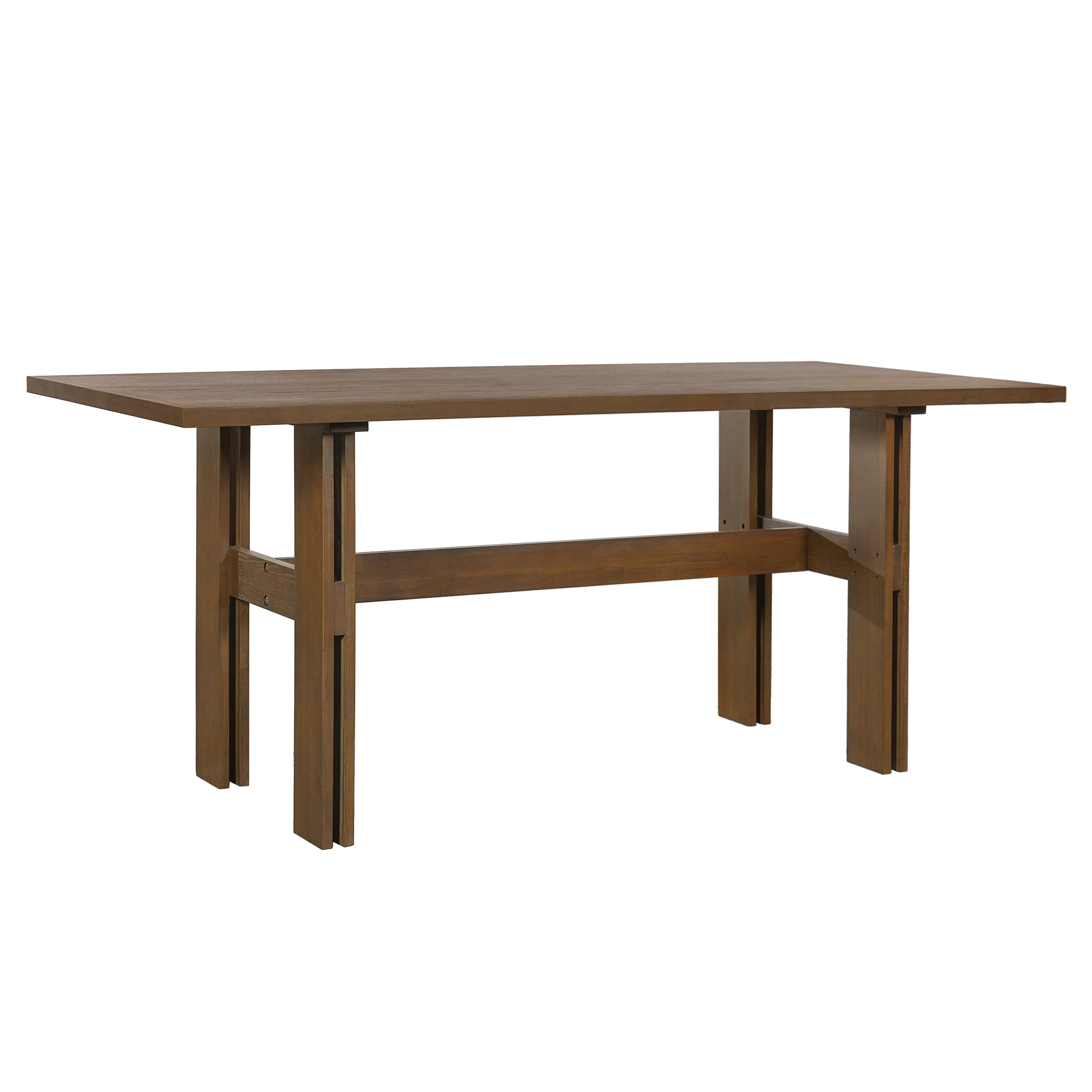 Angled studio view of the walnut-tone rectangular dining table with crossbar legs, white background