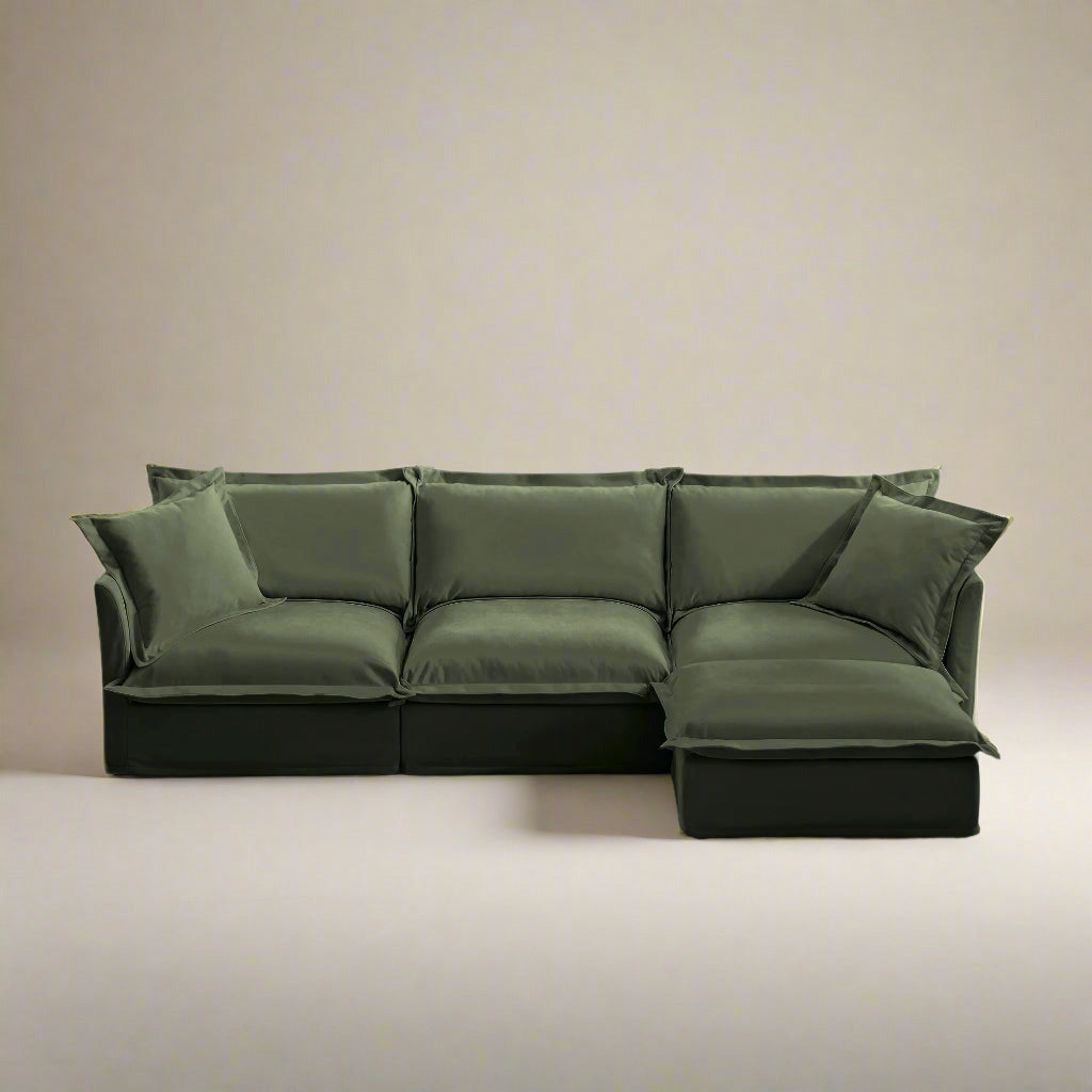 Fluffy 3-Seat Modular Sofa in Chenille Olive with 1 ottoman #OttOnly_1 #Fabric_Chenille Olive