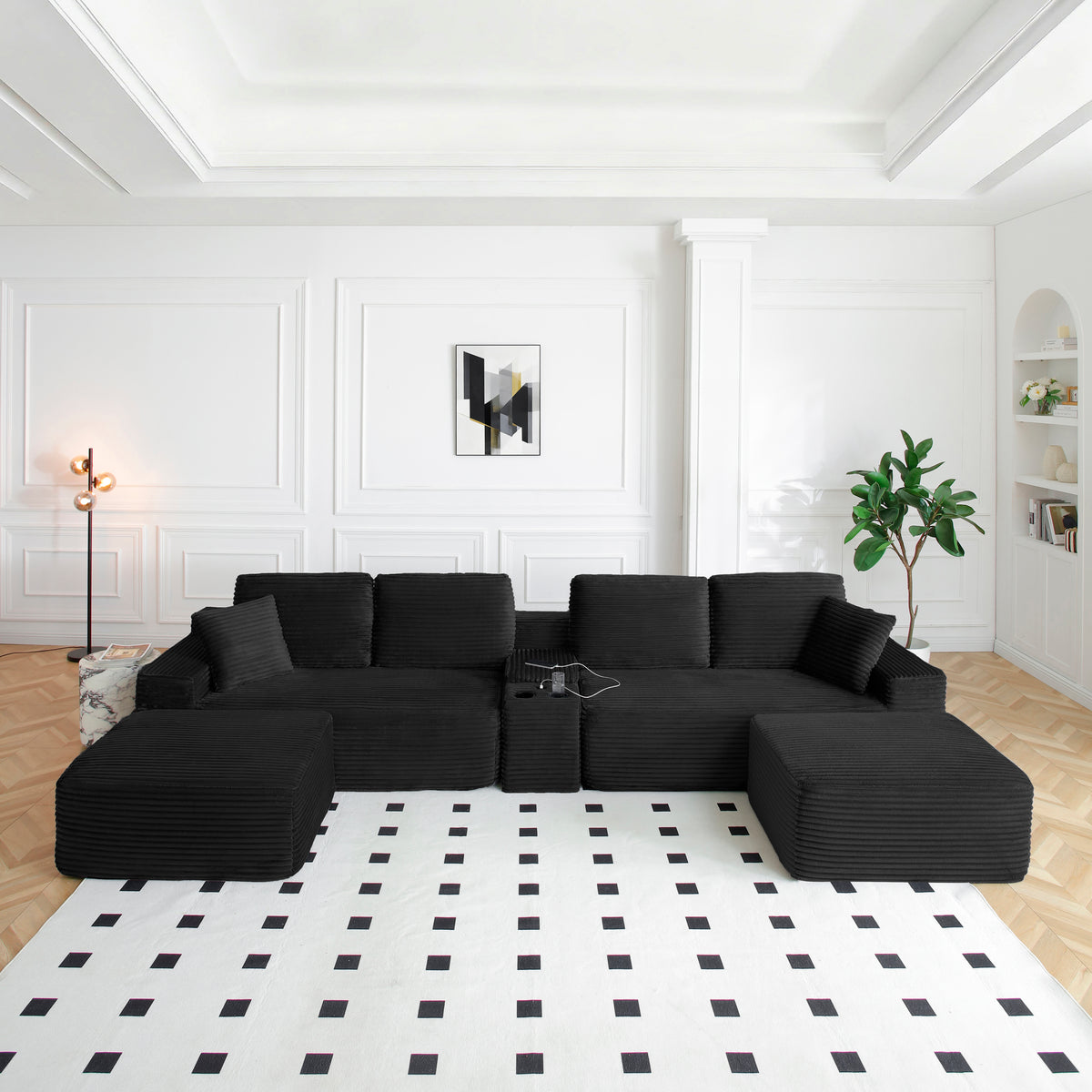 Black Corduroy U-Shaped Sectional with Storage and 2 Ottomans