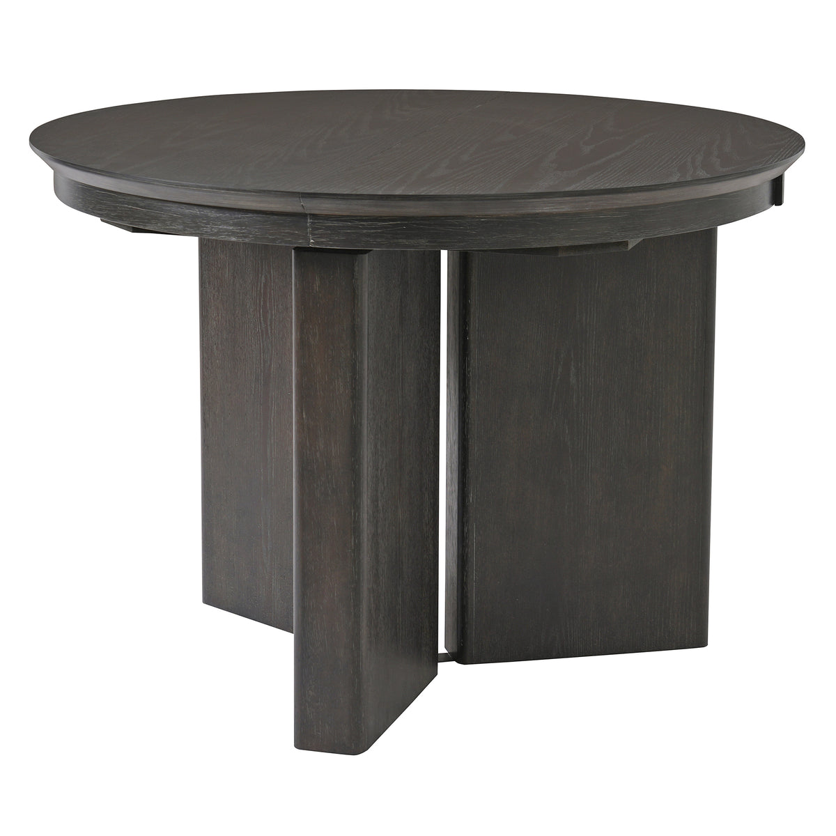 Three-quarter studio view of espresso oval extendable dining table on crossed panel pedestal base