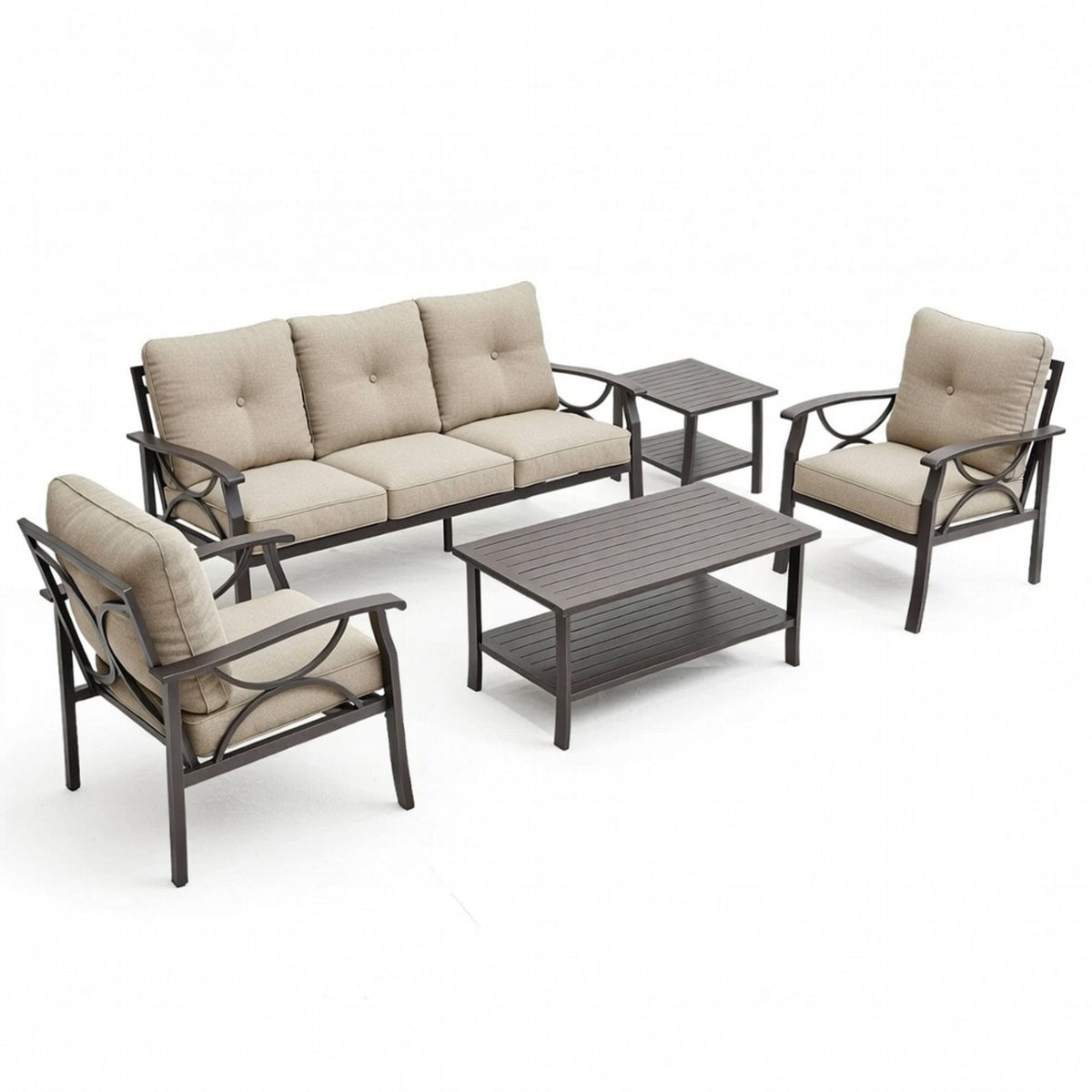 Khaki Metal 5-Piece Patio Conversation Set with Cushions