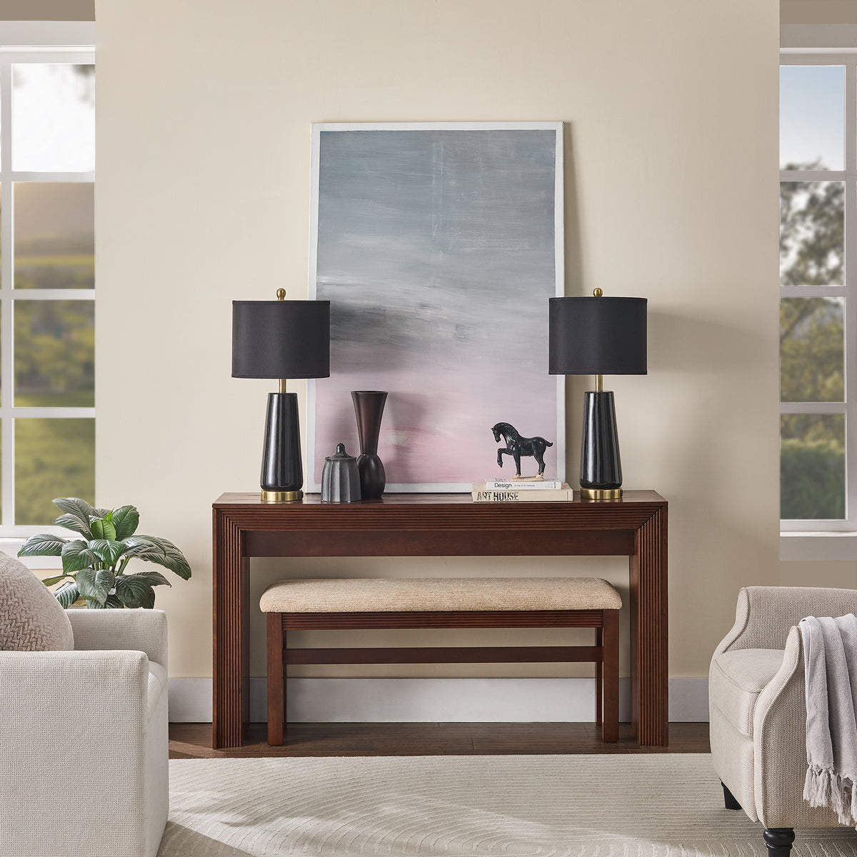Fluted Console Table and Upholstered Bench Set, Walnut
