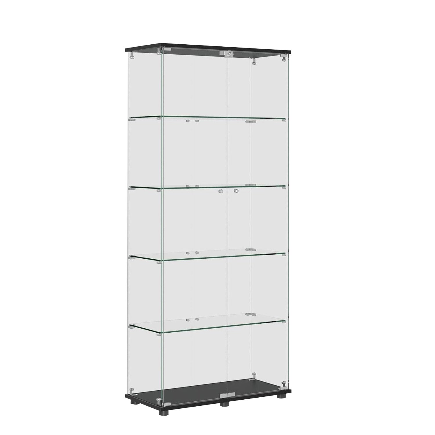 Glass Bookcase, 5 Shelves, Locking, 72 in Tall, Black and Silver