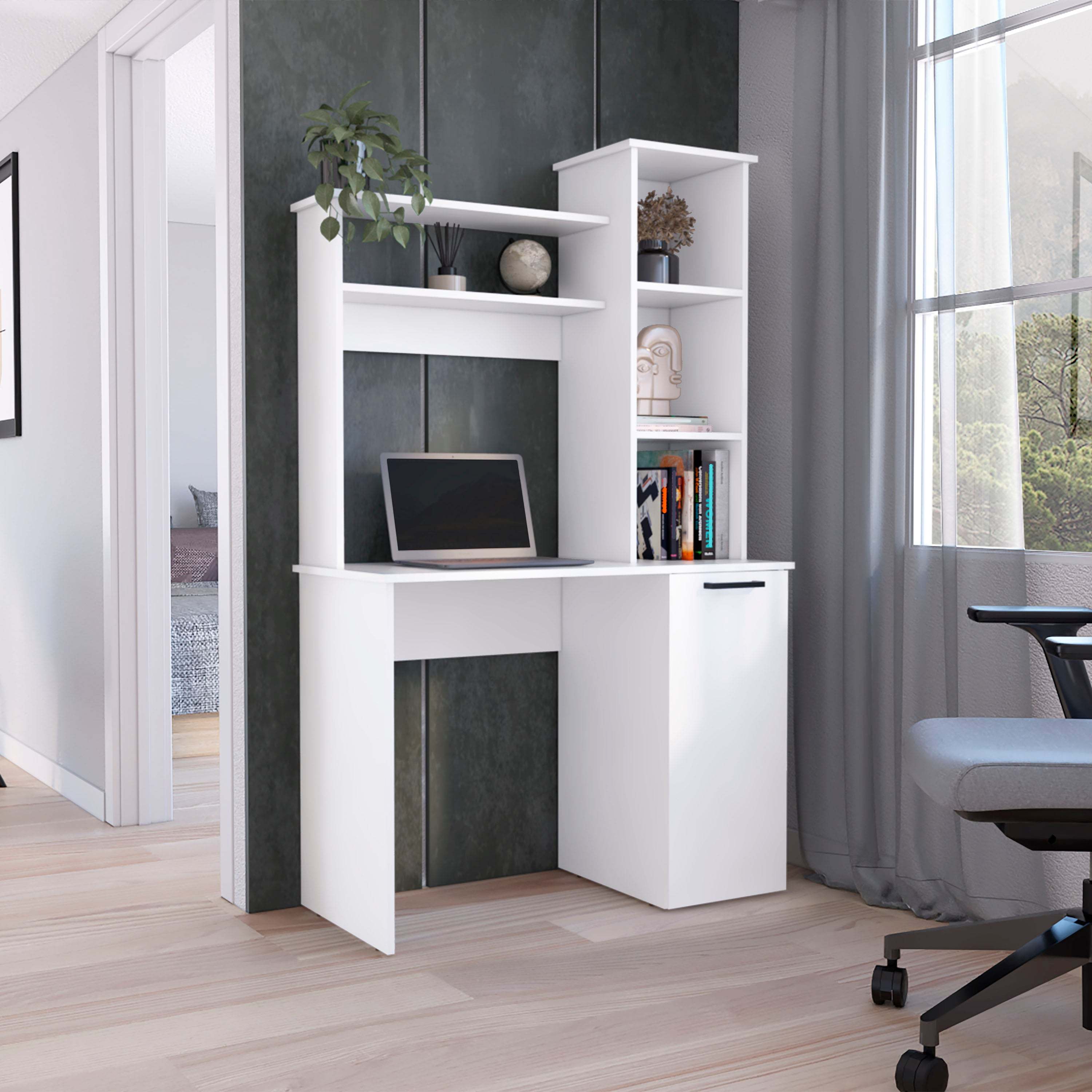 Computer Desk with Hutch, 3 Shelves, 38.7 in, White