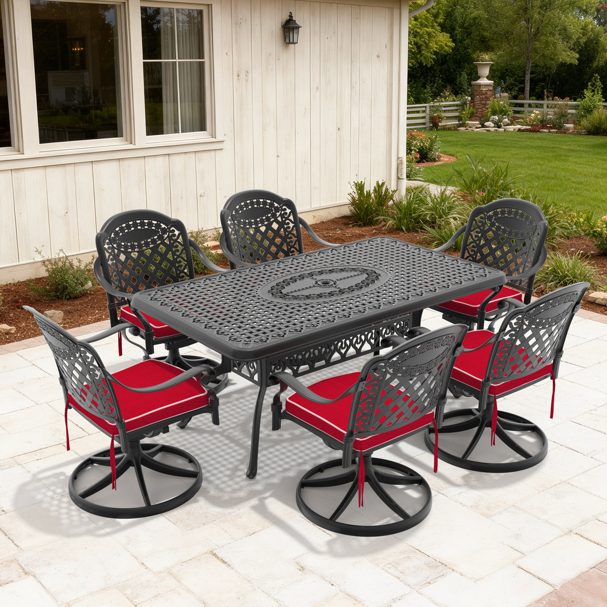 Black Aluminum 7-Piece Patio Dining Set for 6 with Cushions