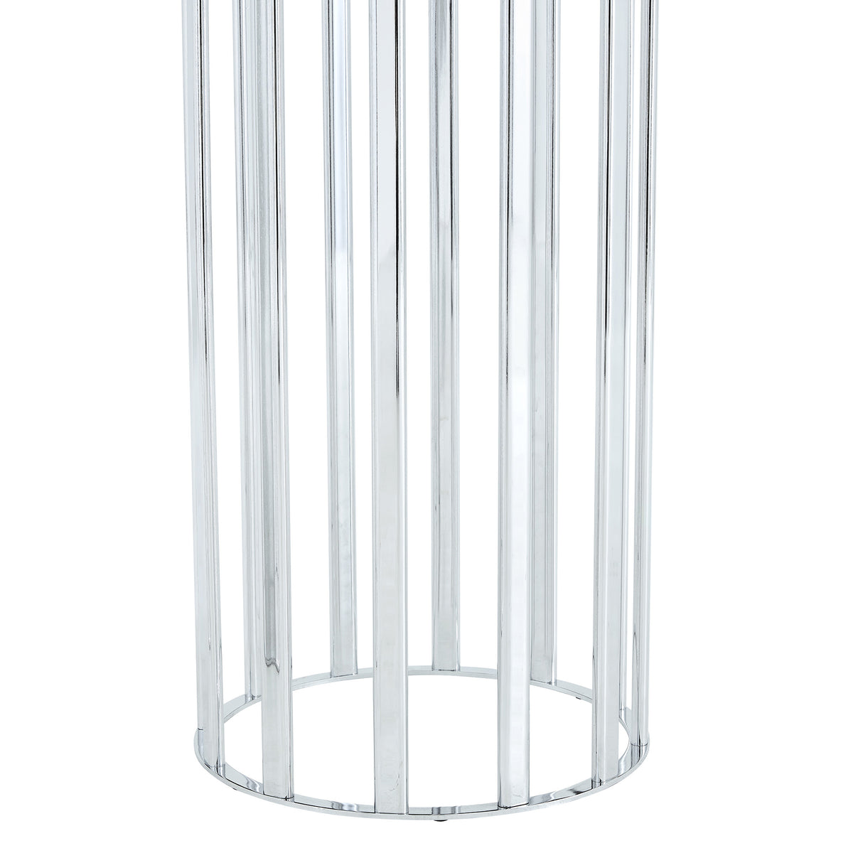 Studio close-up of the silver column pedestal base of the oval glass dining table.