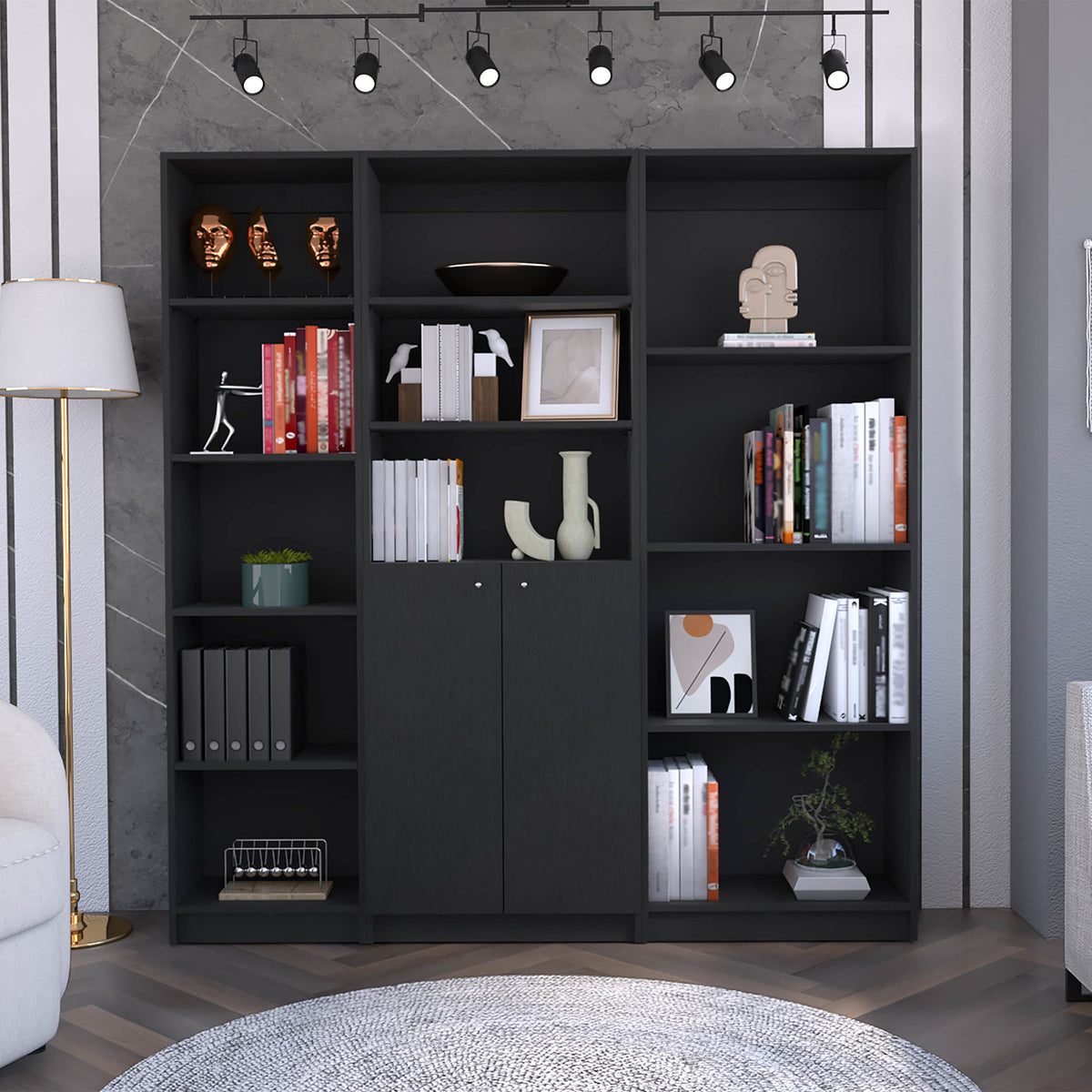 Bookcase, 12 Shelves, 71.1 in Tall, Black, 67.1 in Wide