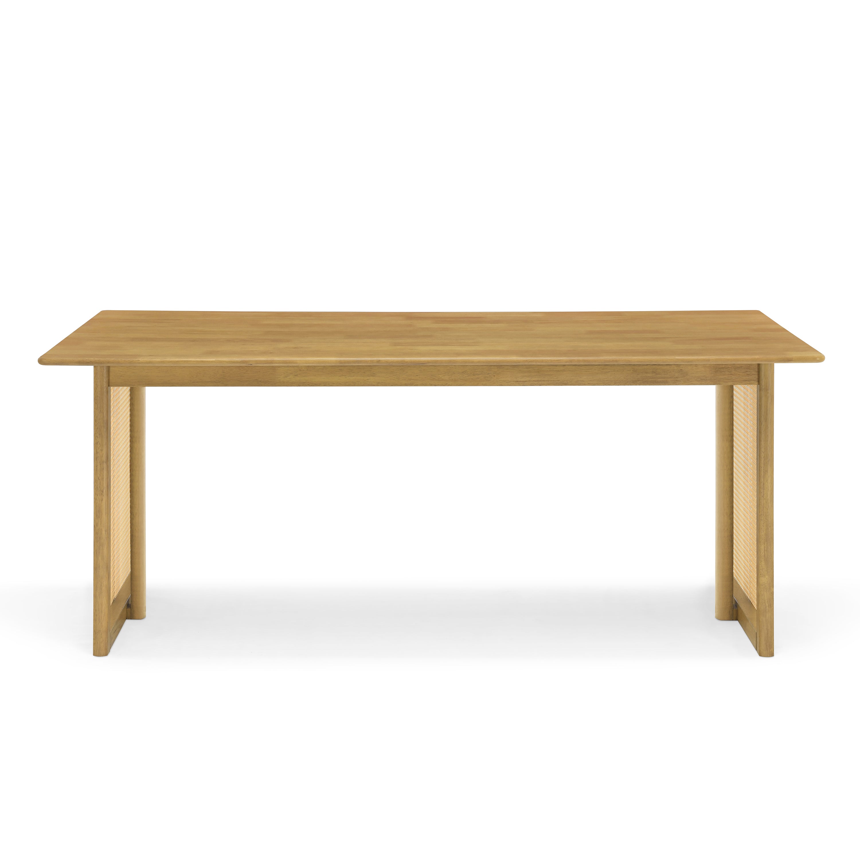 Front elevation of the natural solid wood dining table with woven cane panel legs, white background