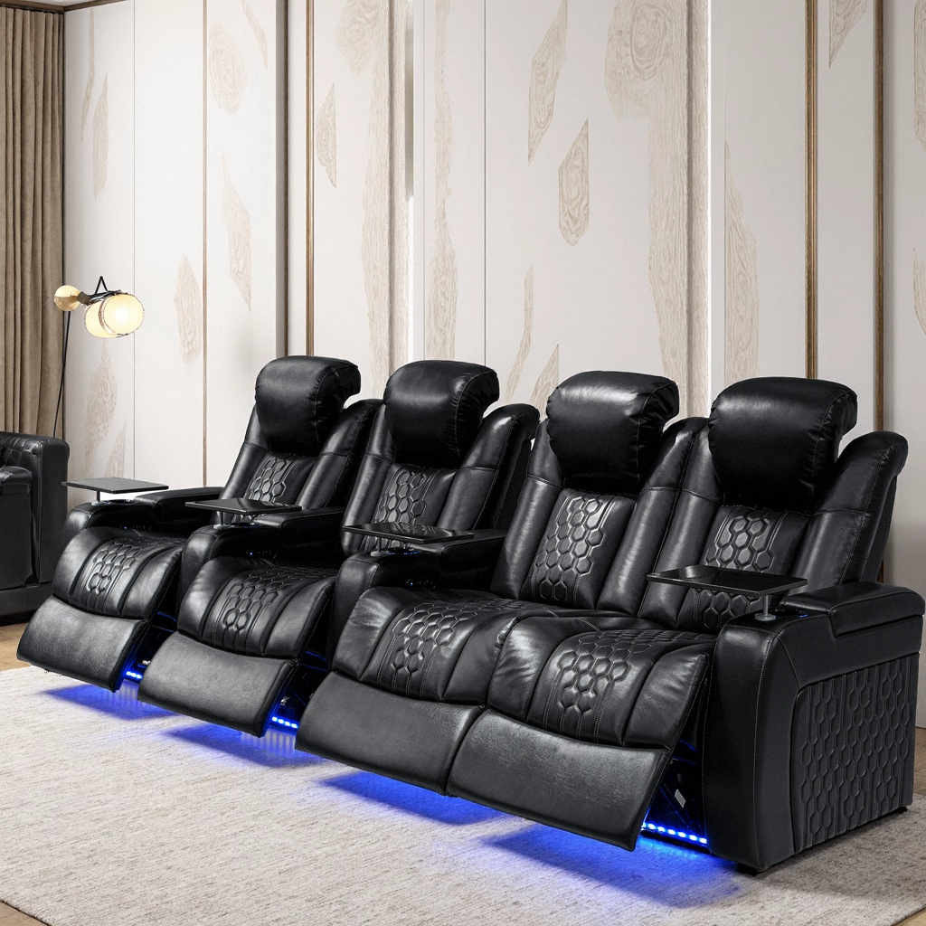 Black Top Grain Leather Power Reclining Sofa, 124.4 in, 21-Color LED