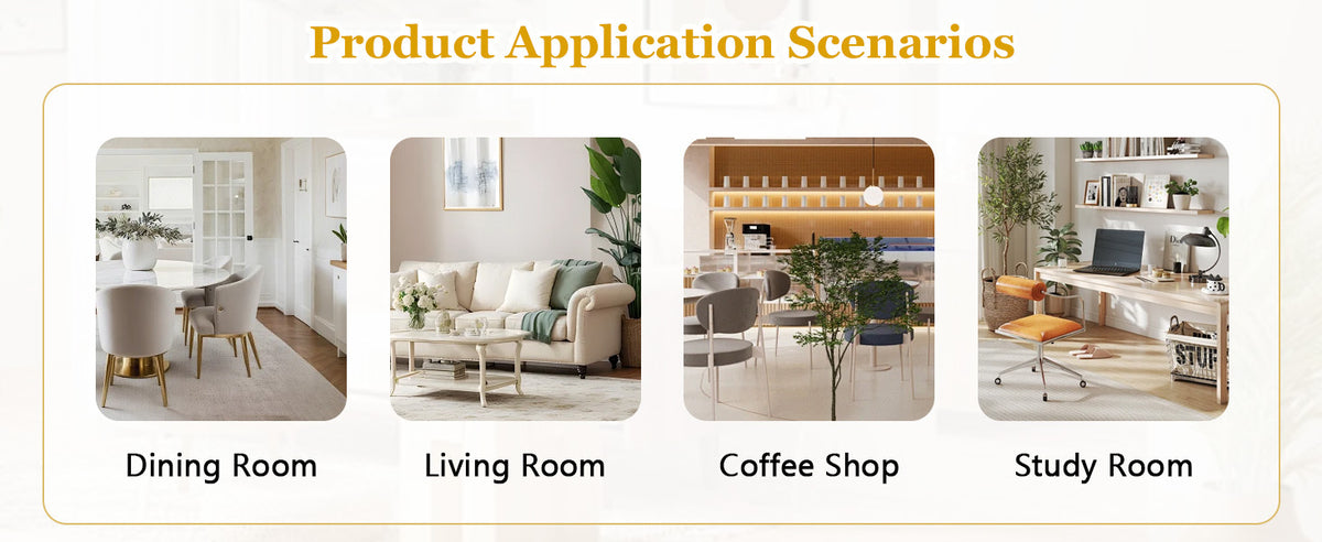 Application scenarios showing the table styled for dining room, living room, coffee shop, and study room