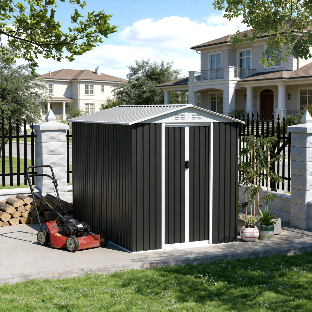 6x9 ft Gray Metal Storage Shed, with Sliding Doors