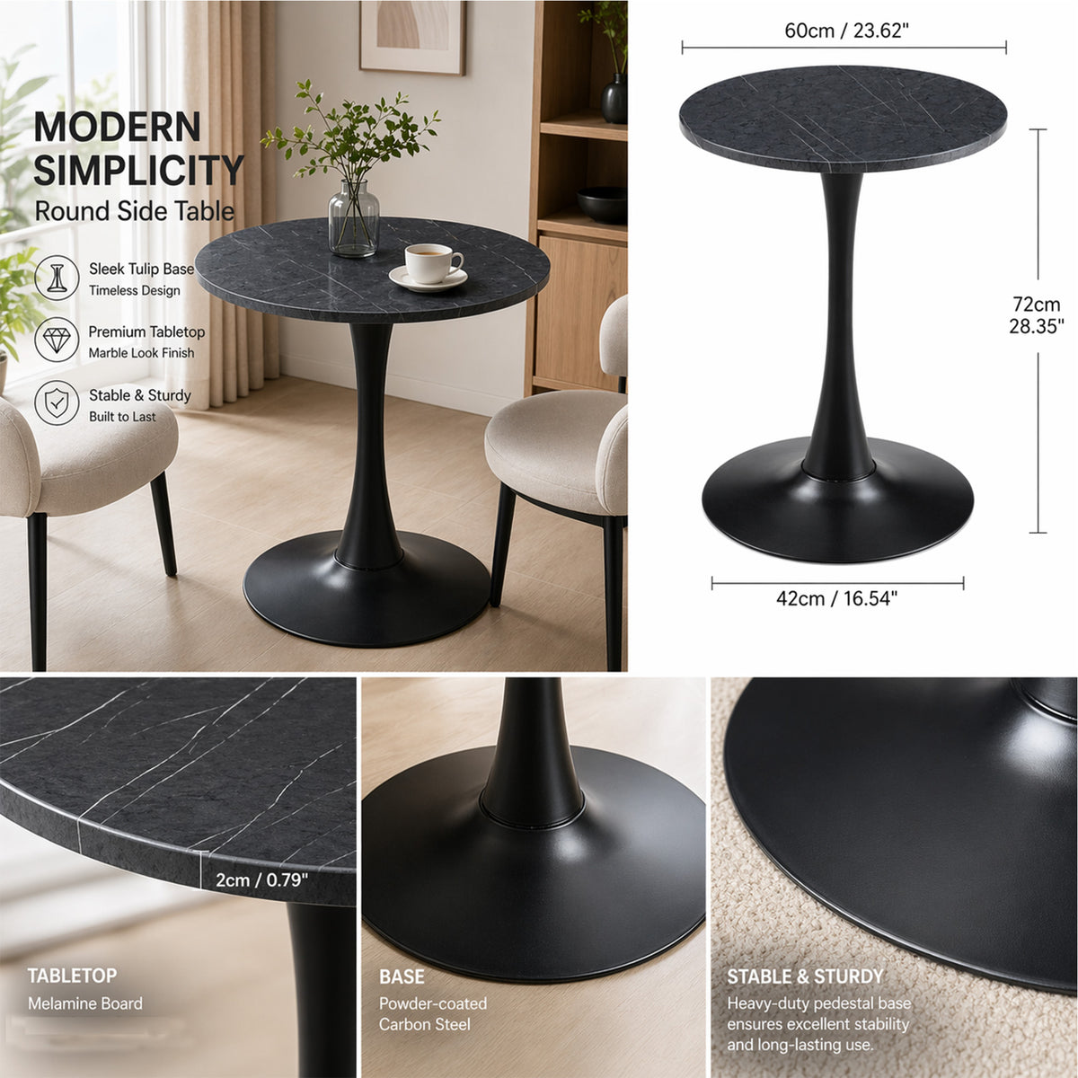 Feature graphic titled modern simplicity showing the black bistro table with size callouts and detail insets