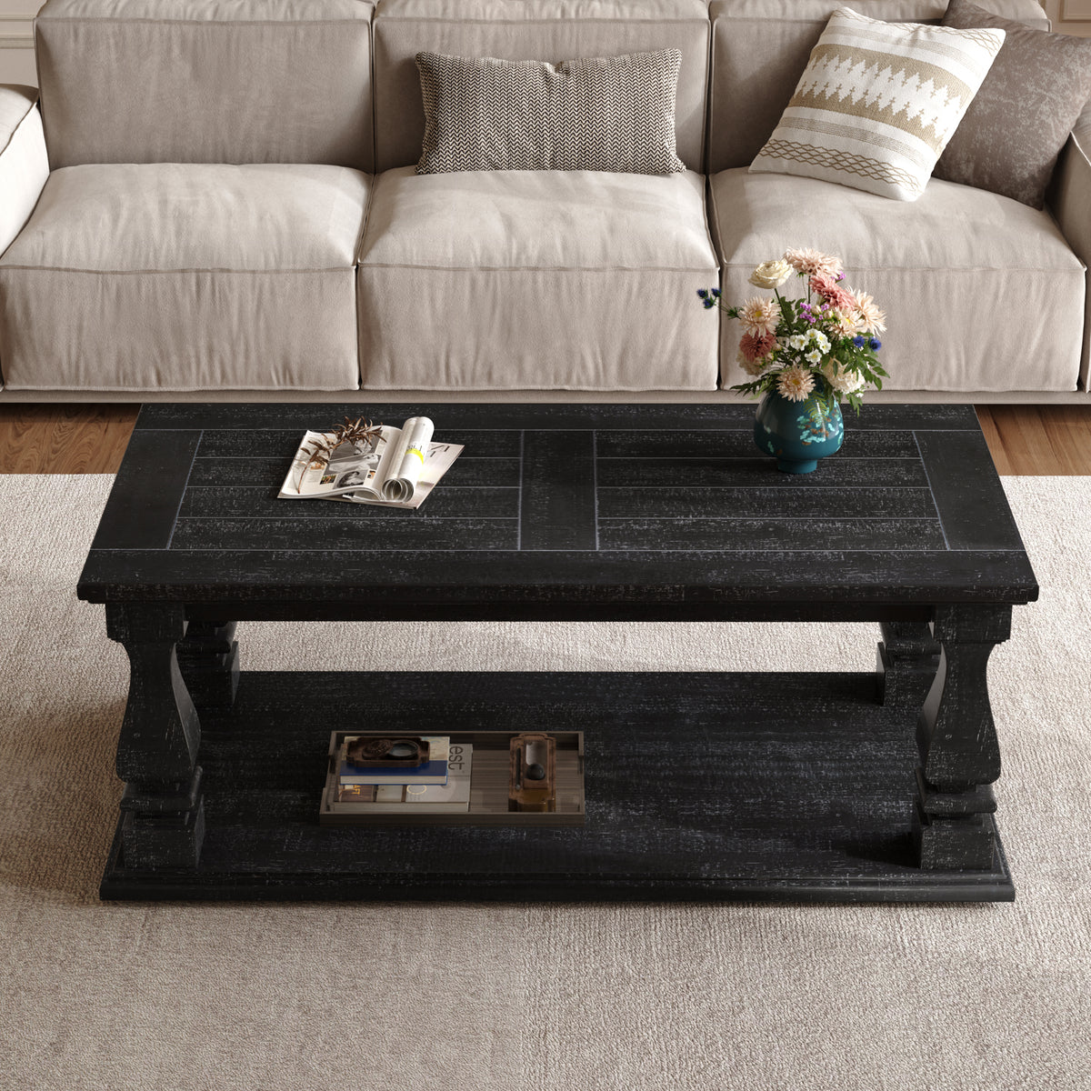 Black Distressed Farmhouse Rectangular Coffee Table with Shelf, 47.2 in