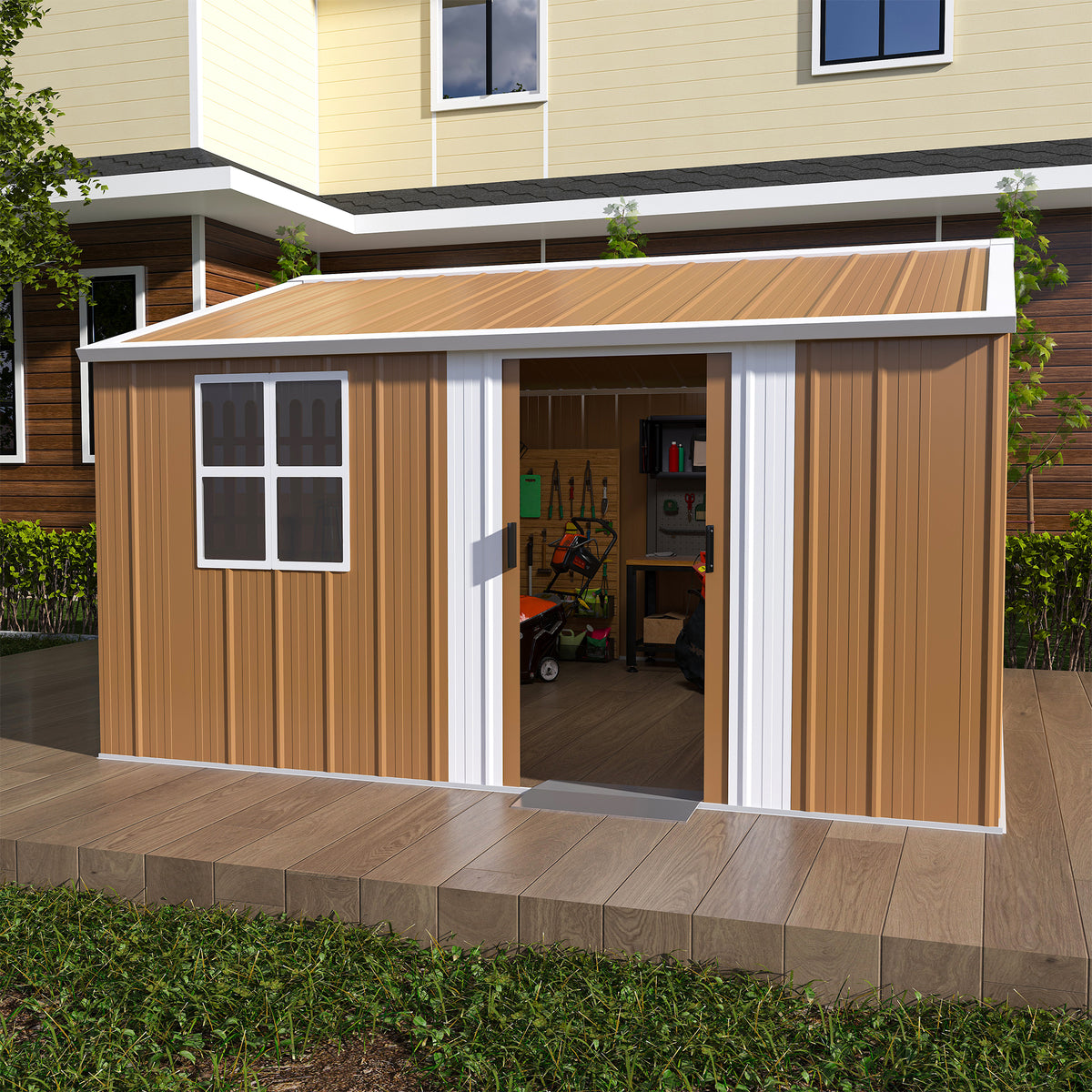 10x12 ft Brown Metal Storage Shed with Window