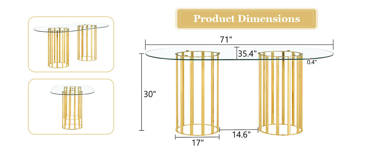 Dimension diagram with side and inset views of the oval glass dining table listing 71 inch and 30 inch sizes