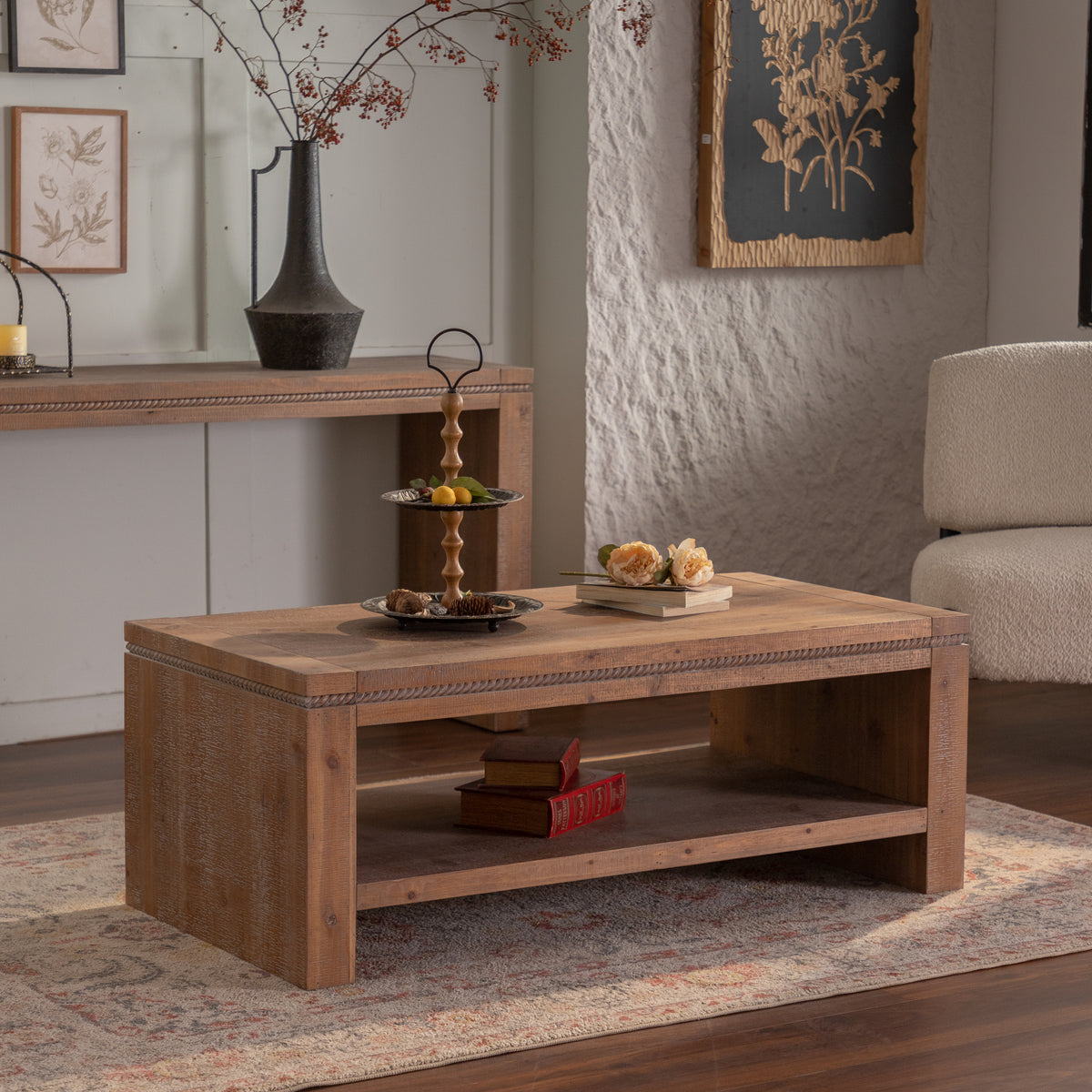 Natural Distressed Farmhouse Coffee Table with Storage Shelf, 47.2 in