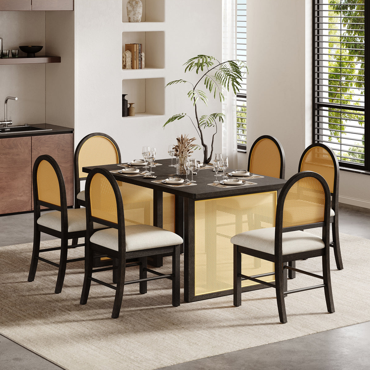 7-Piece Dining Set for 6, Espresso Table with 6 Cane-Look Chairs