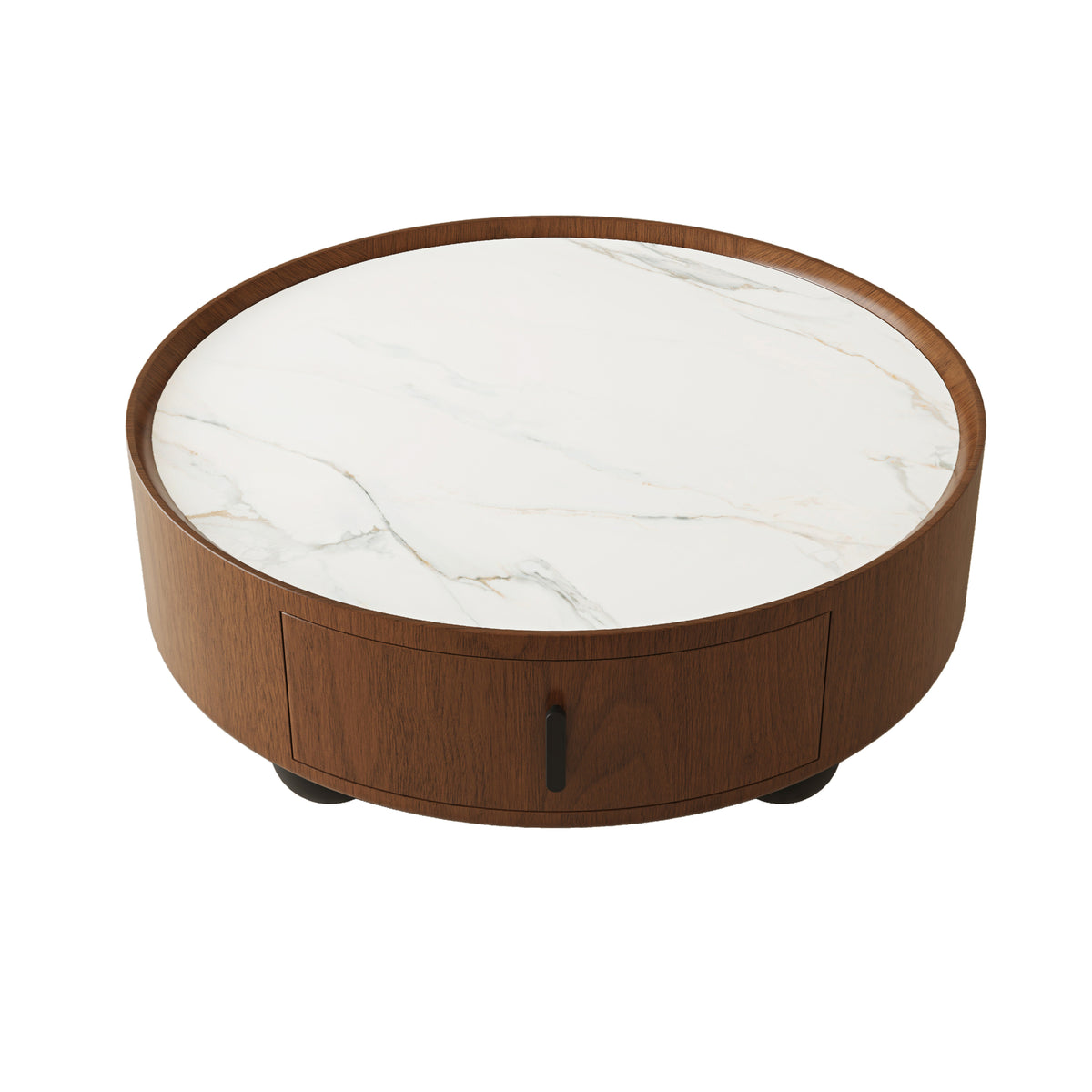 Walnut and White Marble-Look Round Drum Coffee Table with Drawer, 35.4 in