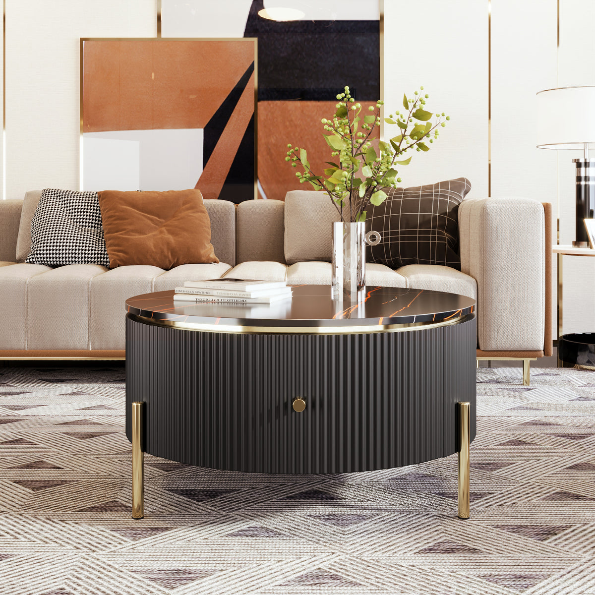 Black Faux Marble Fluted Round Coffee Table with Drawers, 31.5 in