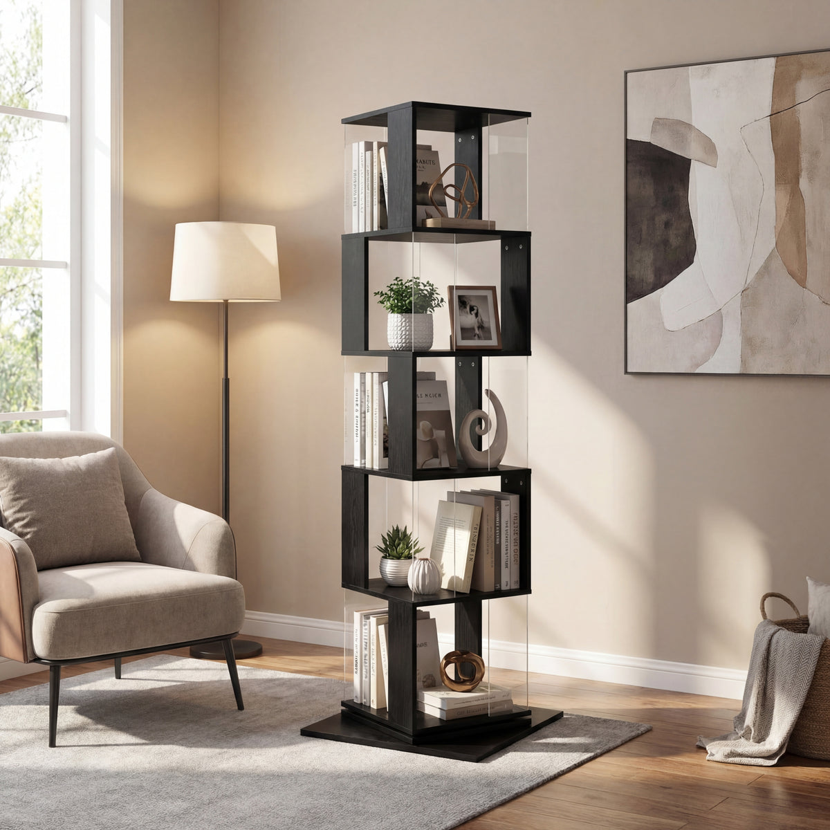 Modern Bookcase, 5 Shelves, 63 in Tall, Black