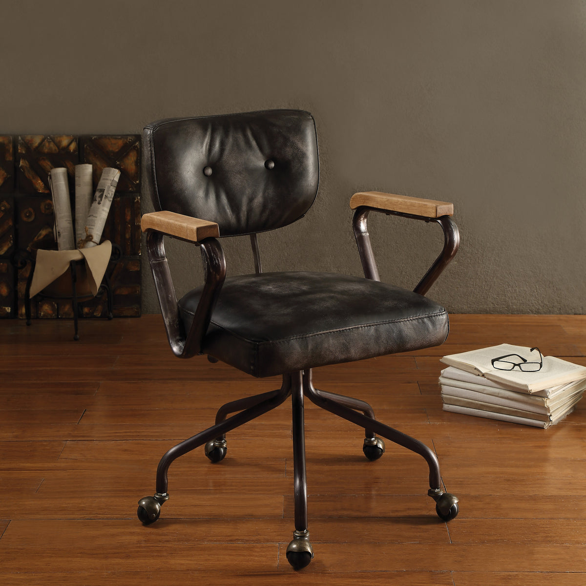 Vintage Black Genuine Leather Office Chair, Swivel