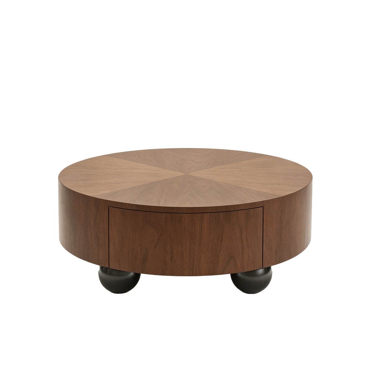 Walnut Round Drum Coffee Table with Storage, 35.4 in