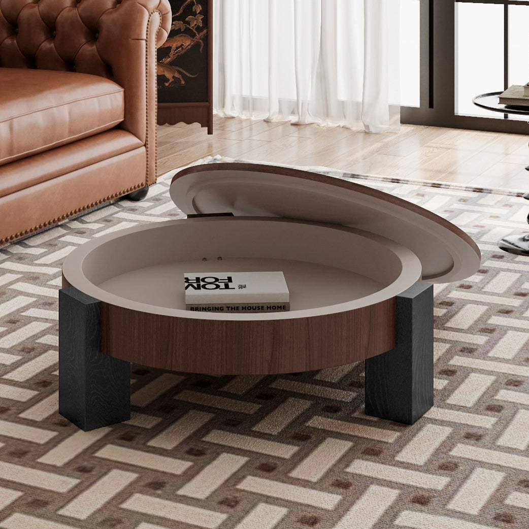 Walnut and Black Round Parquet Coffee Table with Storage, 33.1 in