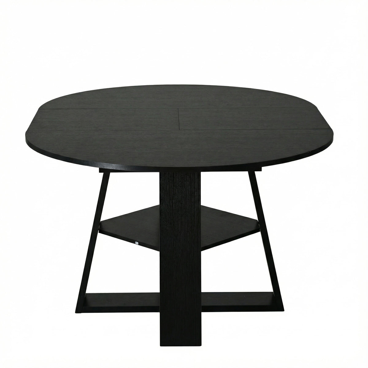 Angled studio view of the black table extended to an oval on a white background